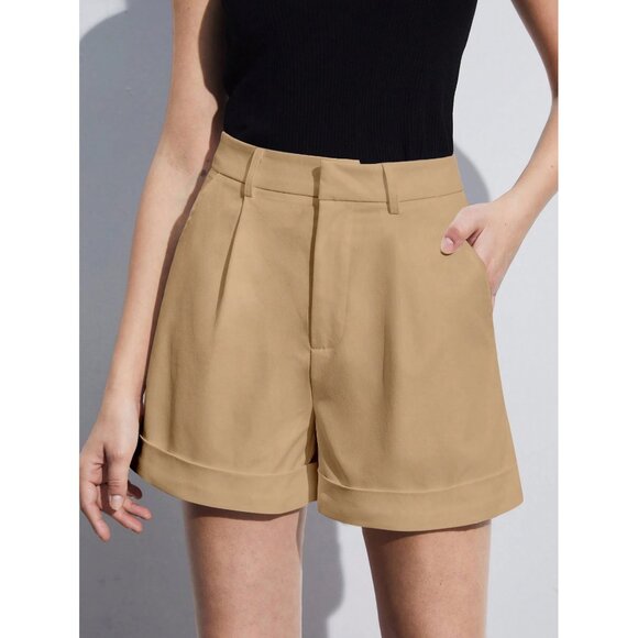 Beige High-Waist Shorts Pleated Tailored Minimalist Effortless Chic - Picture 1 of 3